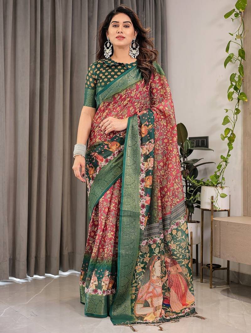 Ethnic handloom linen weaved with golden zari saree with colorful floral print and matching blouse