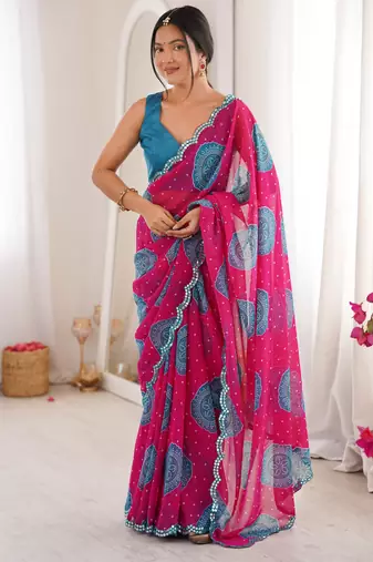  georgette bandhani gola print saree with mirror work & cutwork border