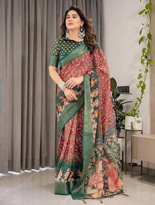 Ethnic handloom linen weaved with golden zari saree with colorful floral print and matching blouse 2