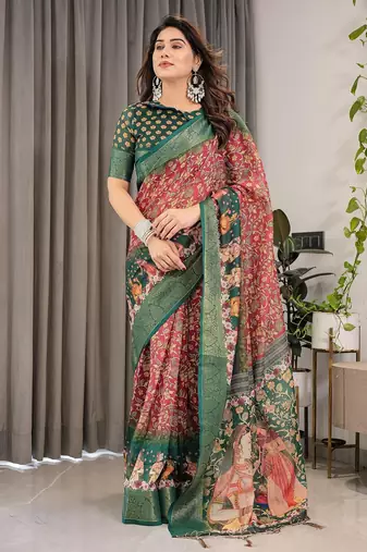 Ethnic handloom linen weaved with golden zari saree with colorful floral print and matching blouse