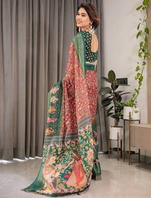 Ethnic handloom linen weaved with golden zari saree with colorful floral print and matching blouse 3