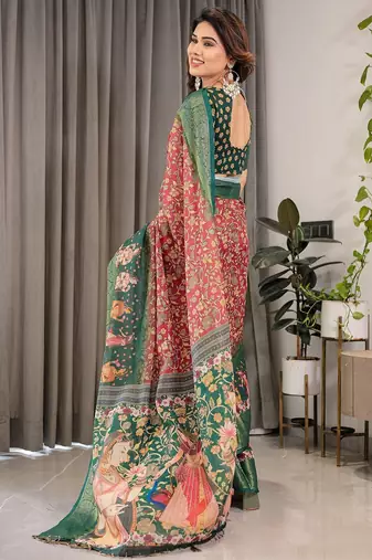 Ethnic handloom linen weaved with golden zari saree with colorful floral print and matching blouse
