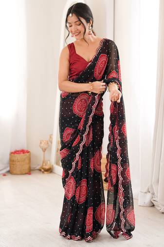  georgette bandhani gola print saree with mirror work & cutwork border