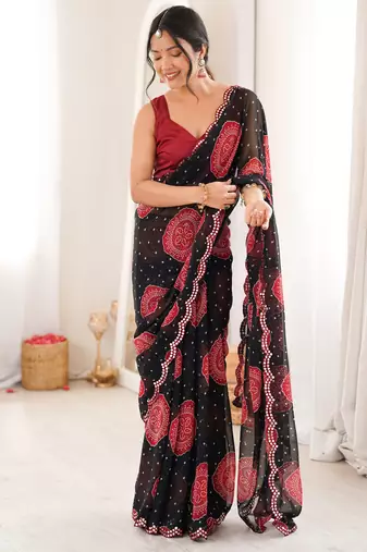 Heavy georgette bandhani gola print saree with mirror work & cutwork border