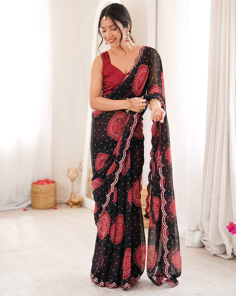 Heavy georgette bandhani gola print saree with mirror work & cutwork border