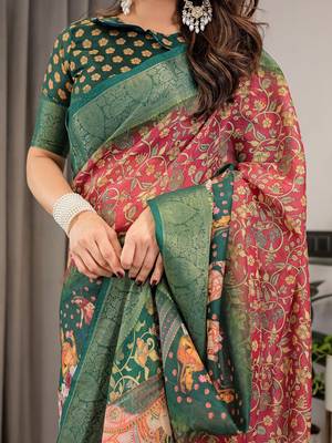 Ethnic handloom linen weaved with golden zari saree with colorful floral print and matching blouse 4