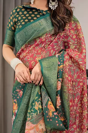 Ethnic handloom linen weaved with golden zari saree with colorful floral print and matching blouse