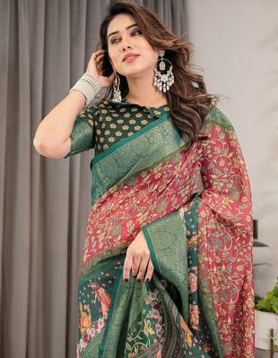 Ethnic handloom linen weaved with golden zari saree with colorful floral print and matching blouse 5