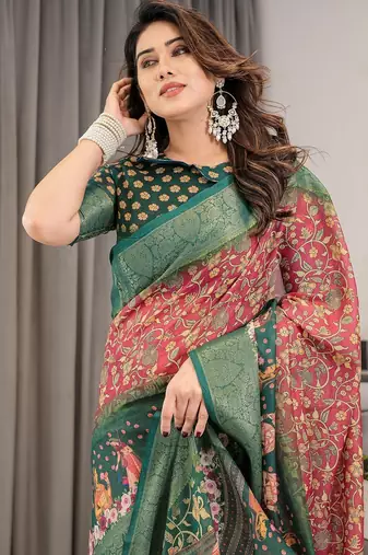 Ethnic handloom linen weaved with golden zari saree with colorful floral print and matching blouse