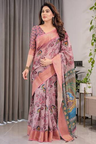 Premium floral print handloom linen weaved with golden zari saree with pallu tassels     5.5m