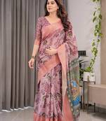 Premium floral print handloom linen weaved with golden zari saree with pallu tassels     5.5m