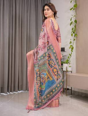 Premium floral print handloom linen weaved with golden zari saree with pallu tassels     5.5m 3