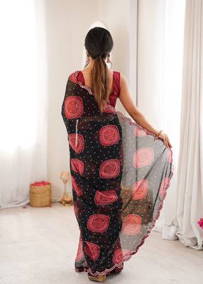  georgette bandhani gola print saree with mirror work & cutwork border 3