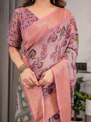 Premium floral print handloom linen weaved with golden zari saree with pallu tassels     5.5m 4