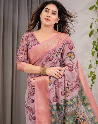 Premium floral print handloom linen weaved with golden zari saree with pallu tassels     5.5m 5