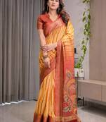 Printed handloom linen weaved with golden zari saree for women with floral design and tassels