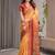 Printed handloom linen weaved with golden zari saree for women with floral design and tassels