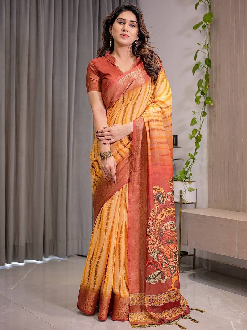 Printed handloom linen weaved with golden zari saree for women with floral design and tassels