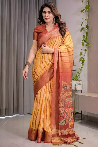 Printed handloom linen weaved with golden zari saree for women with floral design and tassels