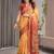 Printed handloom linen weaved with golden zari saree for women with floral design and tassels