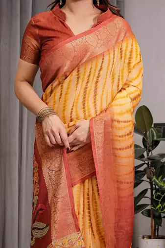Printed handloom linen weaved with golden zari saree for women with floral design and tassels