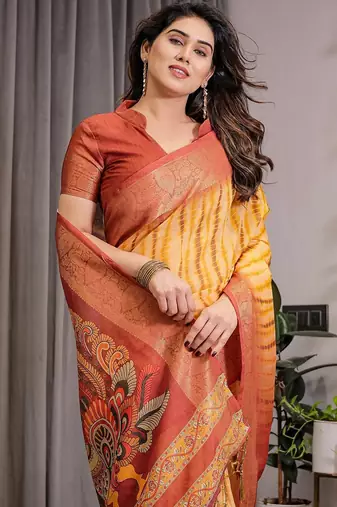 Printed handloom linen weaved with golden zari saree for women with floral design and tassels