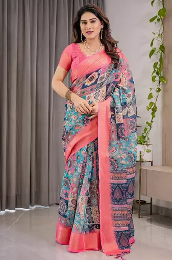 Stylish linen weaved with golden zari handloom saree with floral digital print and tassels     5.5m + 0.8m