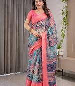 Stylish linen weaved with golden zari handloom saree with floral digital print and tassels     5.5m + 0.8m