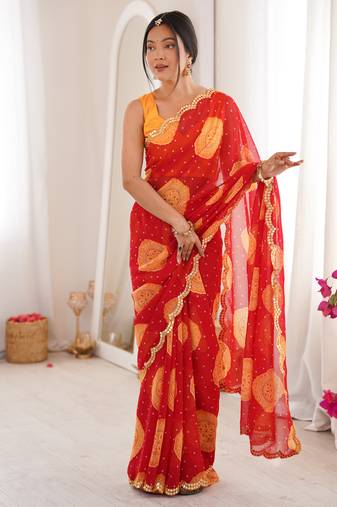  georgette bandhani gola print saree with mirror work & cutwork border