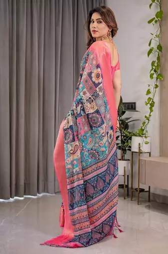 Stylish linen weaved with golden zari handloom saree with floral digital print and tassels     5.5m + 0.8m