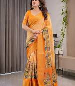 Festive ready handloom linen weaved with golden zari saree with floral artwork & matching blouse