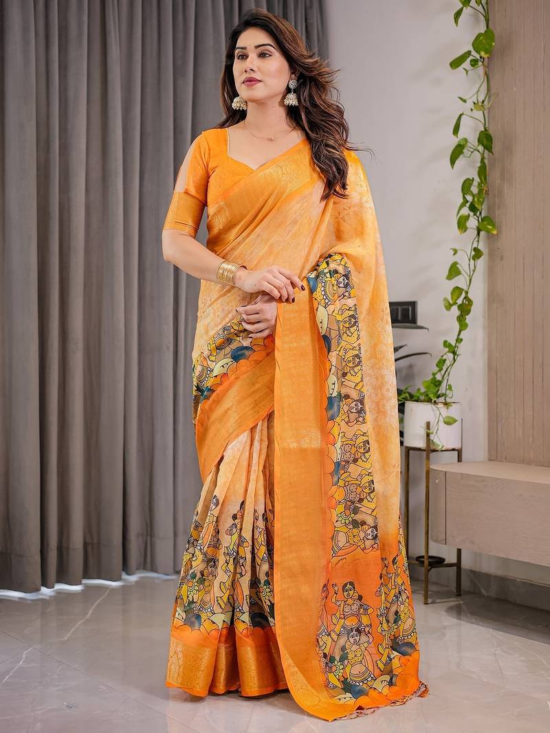 Festive ready handloom linen weaved with golden zari saree with floral artwork & matching blouse