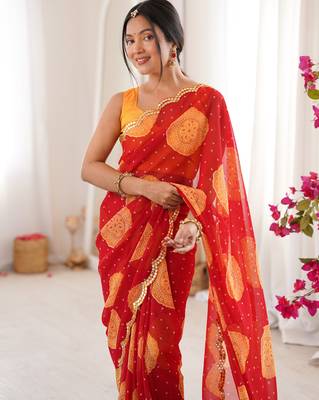  georgette bandhani gola print saree with mirror work & cutwork border 3