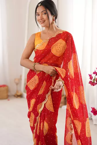  georgette bandhani gola print saree with mirror work & cutwork border