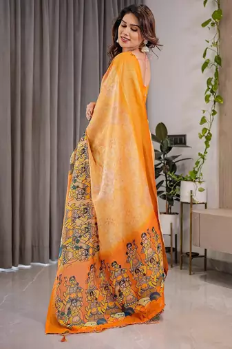 Festive ready handloom linen weaved with golden zari saree with floral artwork & matching blouse