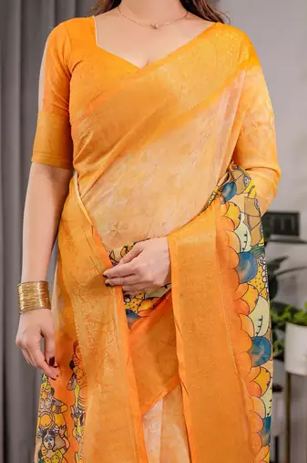 Festive ready handloom linen weaved with golden zari saree with floral artwork & matching blouse