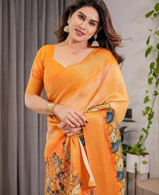 Festive ready handloom linen weaved with golden zari saree with floral artwork & matching blouse 5