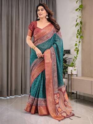 Pure linen weaved with golden zari handloom saree with floral print and designer tassels 1