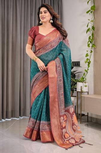 Pure linen weaved with golden zari handloom saree with floral print and designer tassels
