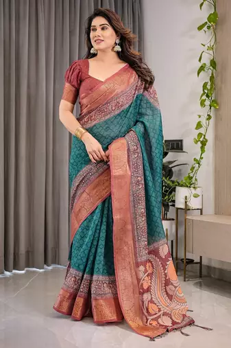 Pure linen weaved with golden zari handloom saree with floral print and designer tassels