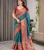 Pure linen weaved with golden zari handloom saree with floral print and designer tassels