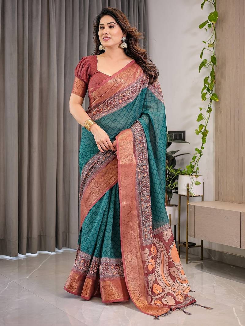 Pure linen weaved with golden zari handloom saree with floral print and designer tassels