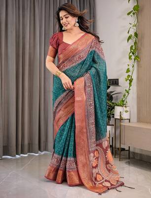 Pure linen weaved with golden zari handloom saree with floral print and designer tassels 2