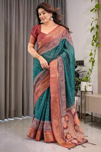 Pure linen weaved with golden zari handloom saree with floral print and designer tassels