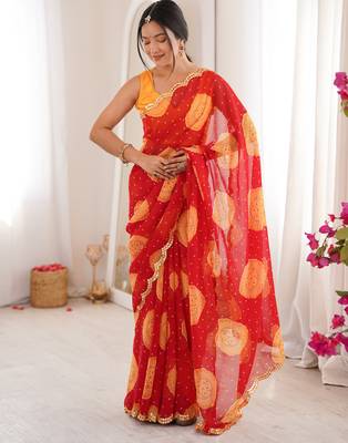  georgette bandhani gola print saree with mirror work & cutwork border 5