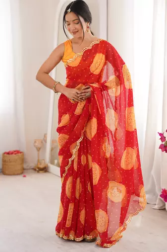 georgette bandhani gola print saree with mirror work & cutwork border