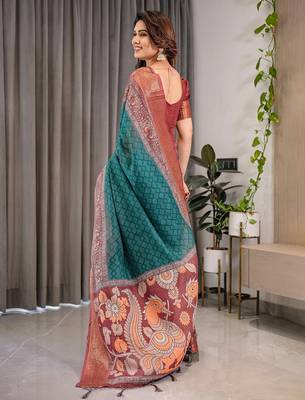 Pure linen weaved with golden zari handloom saree with floral print and designer tassels 3