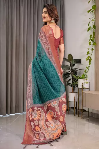 Pure linen weaved with golden zari handloom saree with floral print and designer tassels