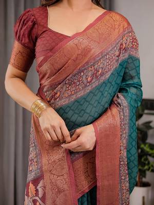 Pure linen weaved with golden zari handloom saree with floral print and designer tassels 4