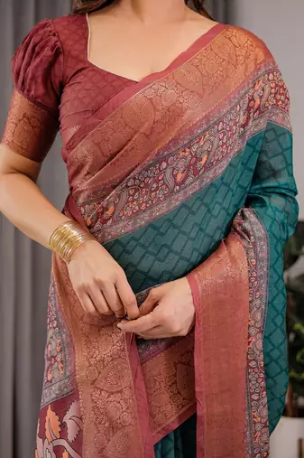 Pure linen weaved with golden zari handloom saree with floral print and designer tassels